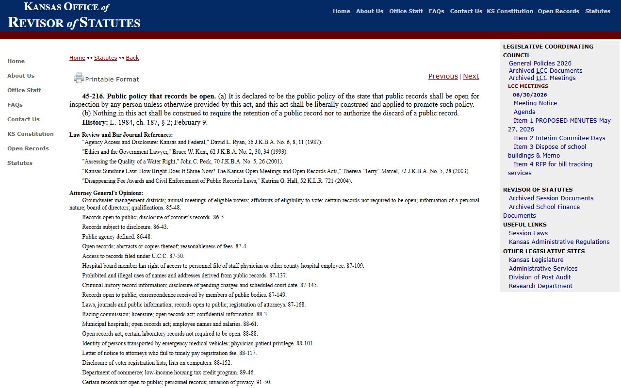 Butler County court records K.S.A. 45-216 public records policy