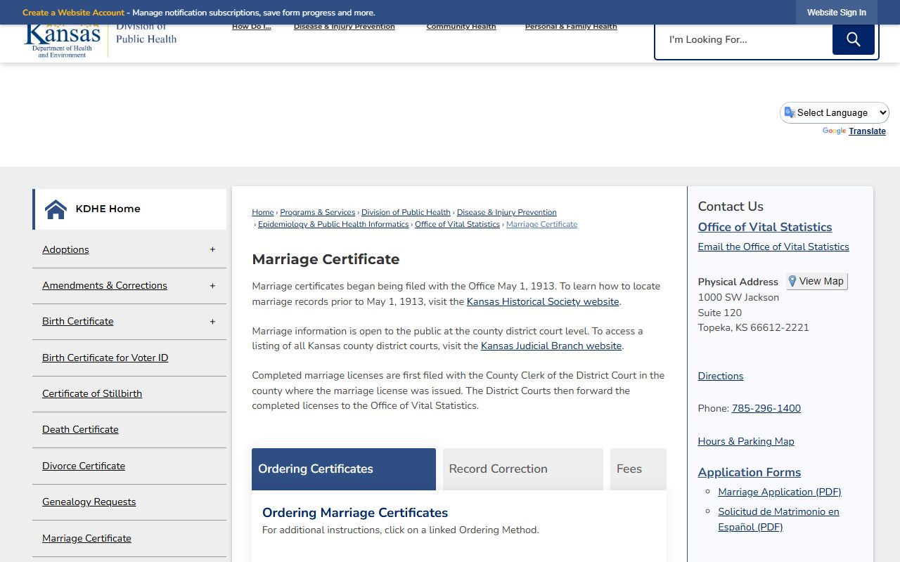Butler County marriage records KDHE marriage certificate source